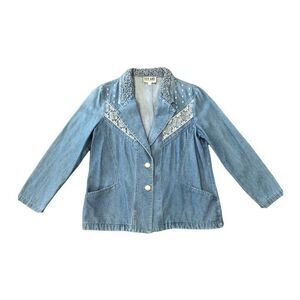City Girl Petites Womens 10P Jean Jacket Silver Embellished Denim Blazer Western